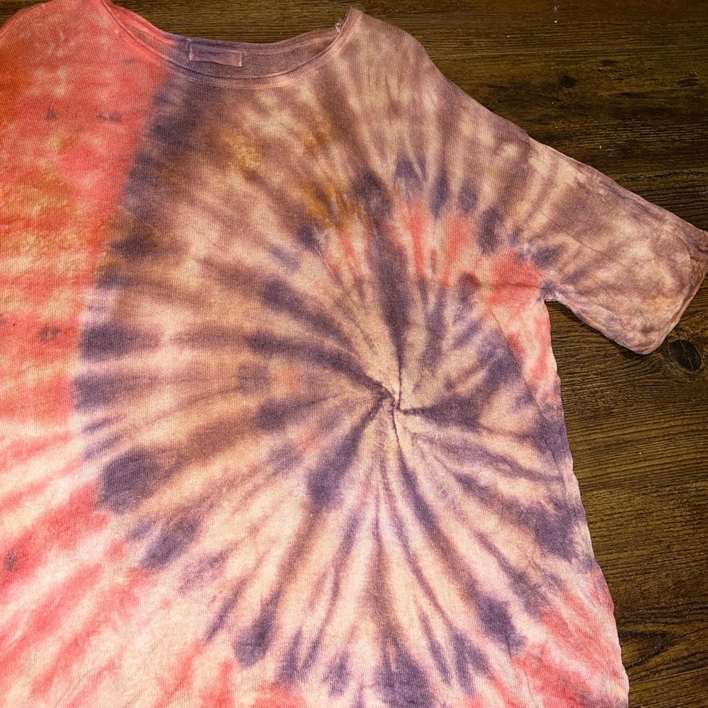 By Together Brown, Red & Purple Tie-Dye Linen Scoop Neck Short Sleeve Top Size L - Picture 10 of 13